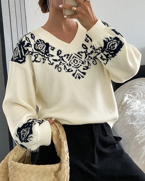 Rose Pattern Yoke V-Neck Pullover Sweater - Apricot - 1