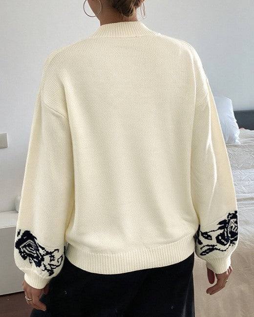 Rose Pattern Yoke V-Neck Pullover Sweater - Apricot - 2