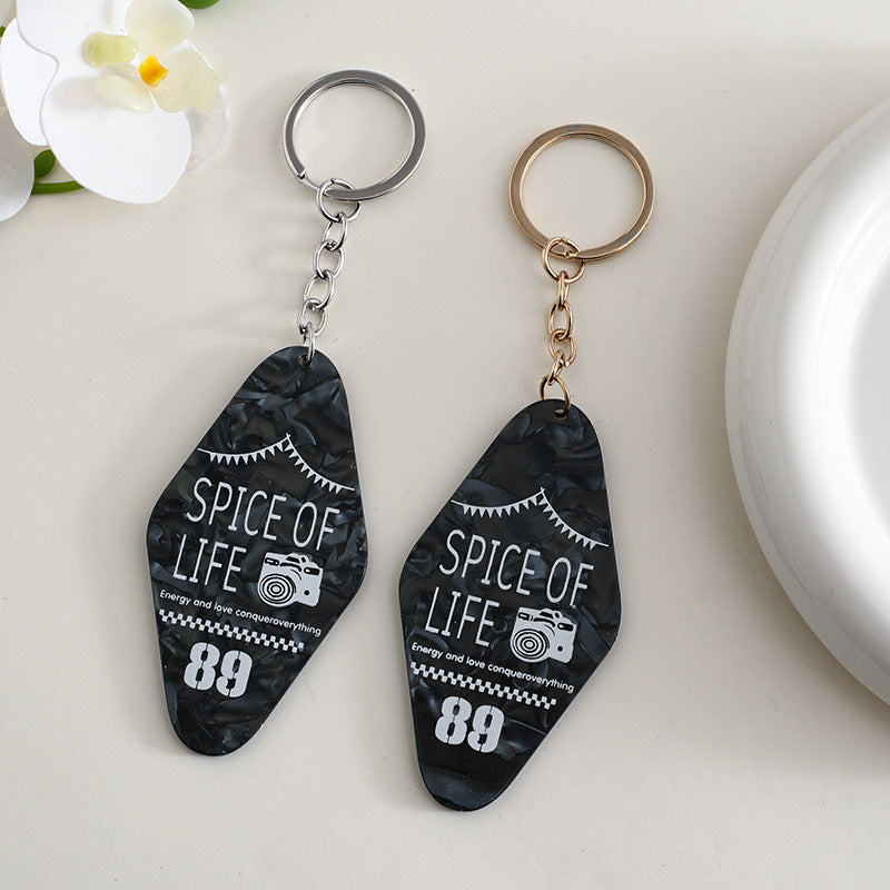 Retro Motel Tag Acrylic Keychain - black