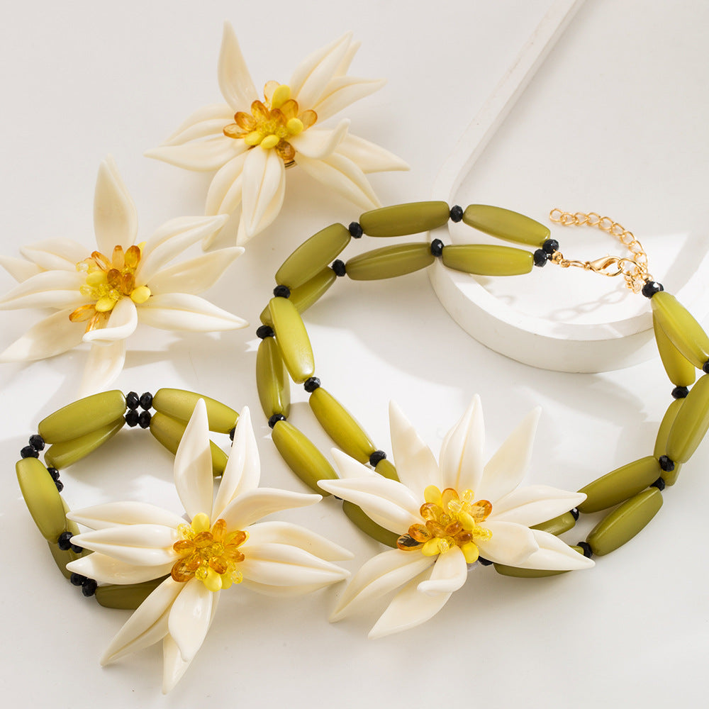 Resin Lily Flower Beaded Jewelry Set - Bracelet - 2