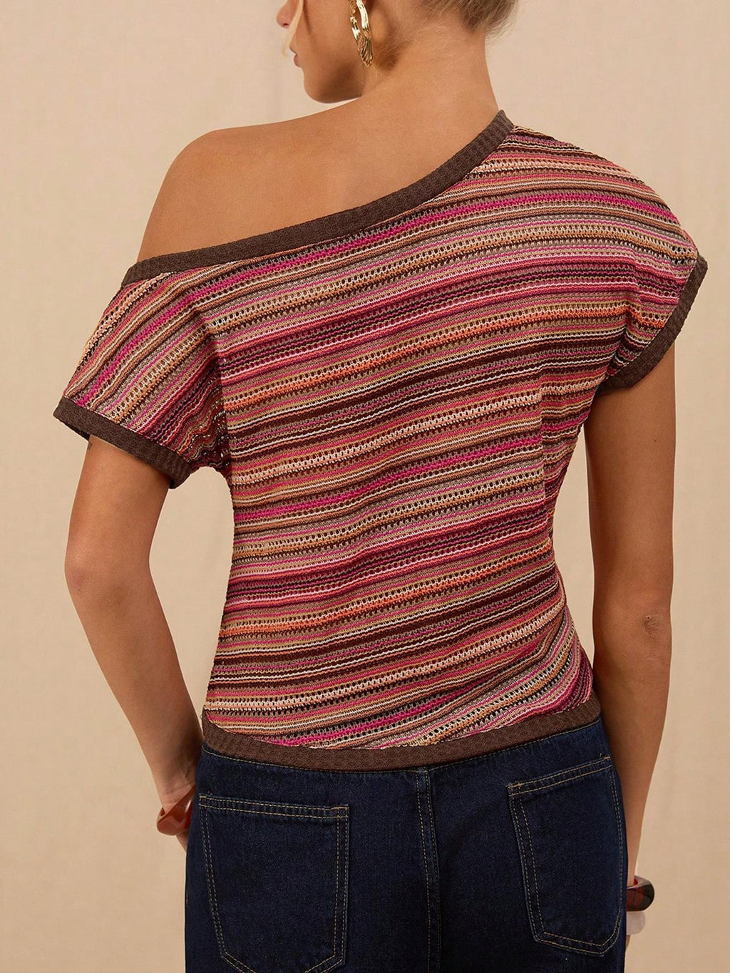 Striped Knit One Shoulder Slim Fit Tee - Red - 2