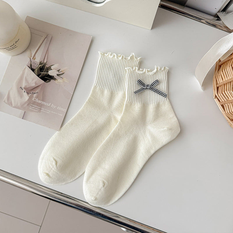 Bow Accent Ruffle Cuff Crew Socks - Beige