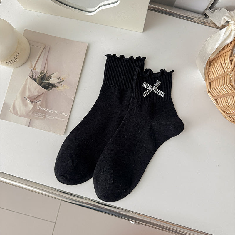 Bow Accent Ruffle Cuff Crew Socks - Black - 1