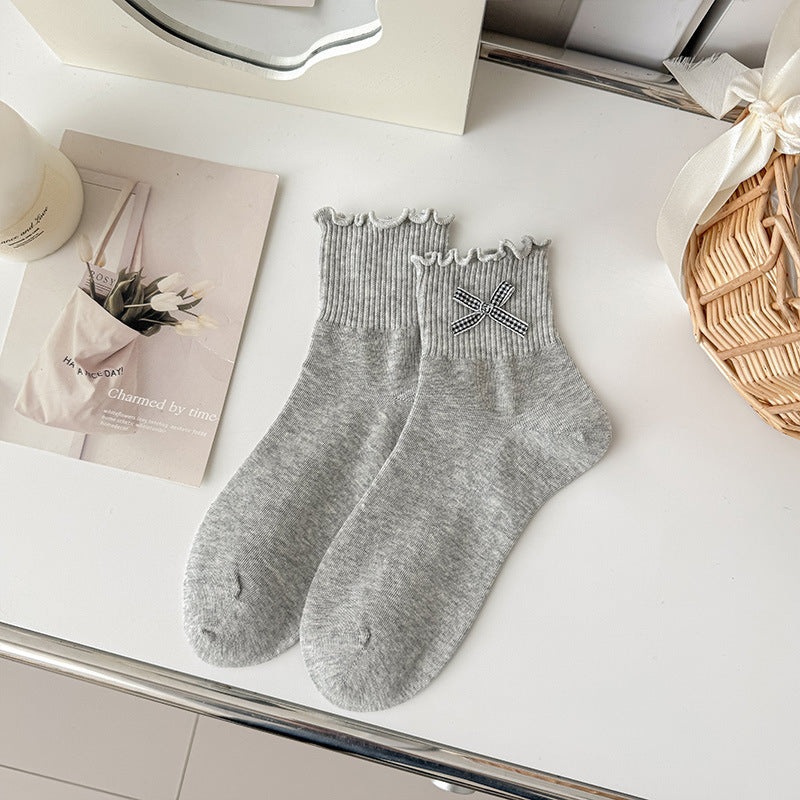 Bow Accent Ruffle Cuff Crew Socks - DarkGray