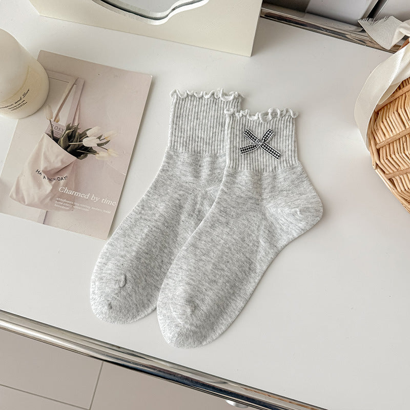Bow Accent Ruffle Cuff Crew Socks - Gray