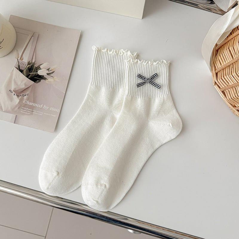 Bow Accent Ruffle Cuff Crew Socks - White