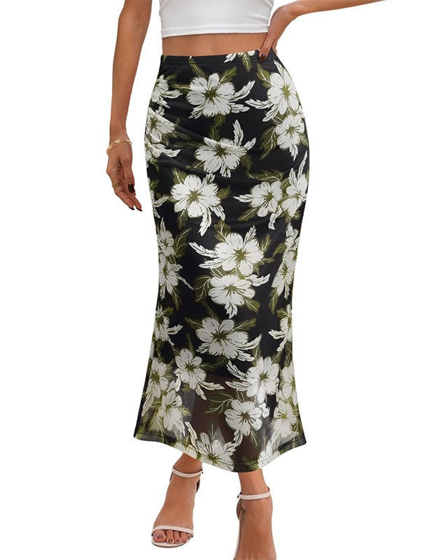Floral Print Ruched Mesh Maxi Skirt - Black
