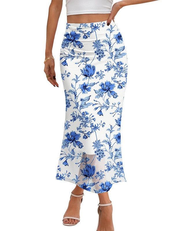 Floral Print Ruched Mesh Maxi Skirt - Blue
