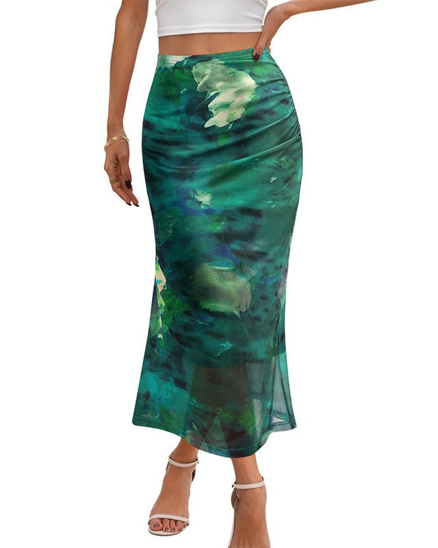 Floral Print Ruched Mesh Maxi Skirt - Green - 1
