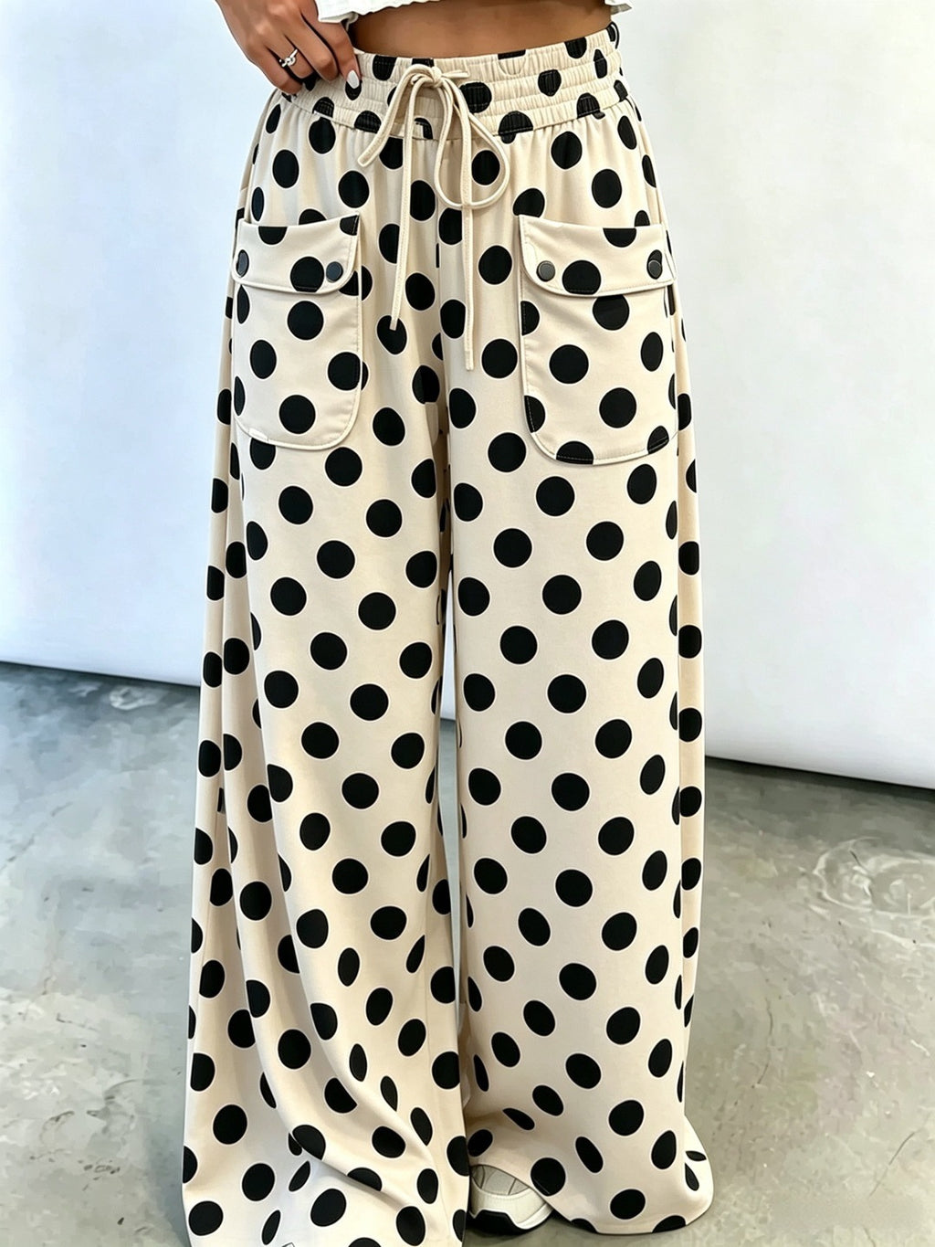 Polka Dot Drawstring Wide Leg Pants with Pockets - Beige