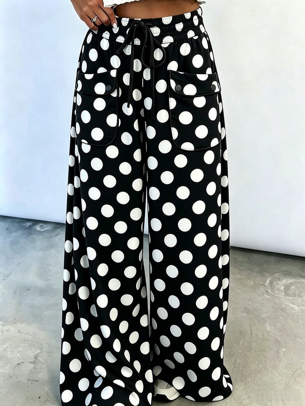 Polka Dot Drawstring Wide Leg Pants with Pockets - Black