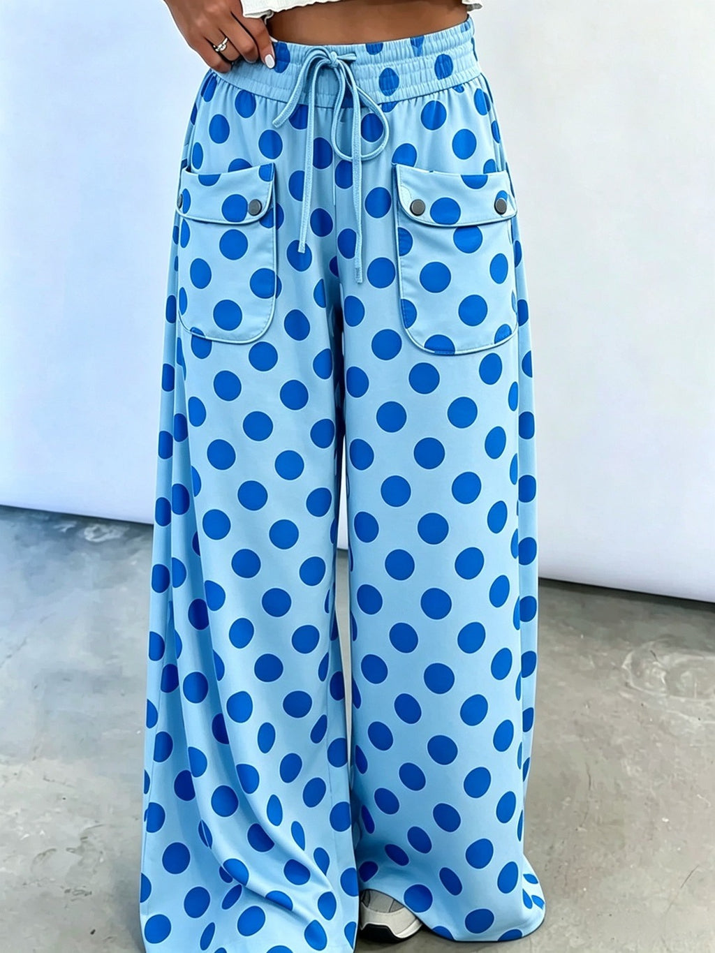Polka Dot Drawstring Wide Leg Pants with Pockets - Blue