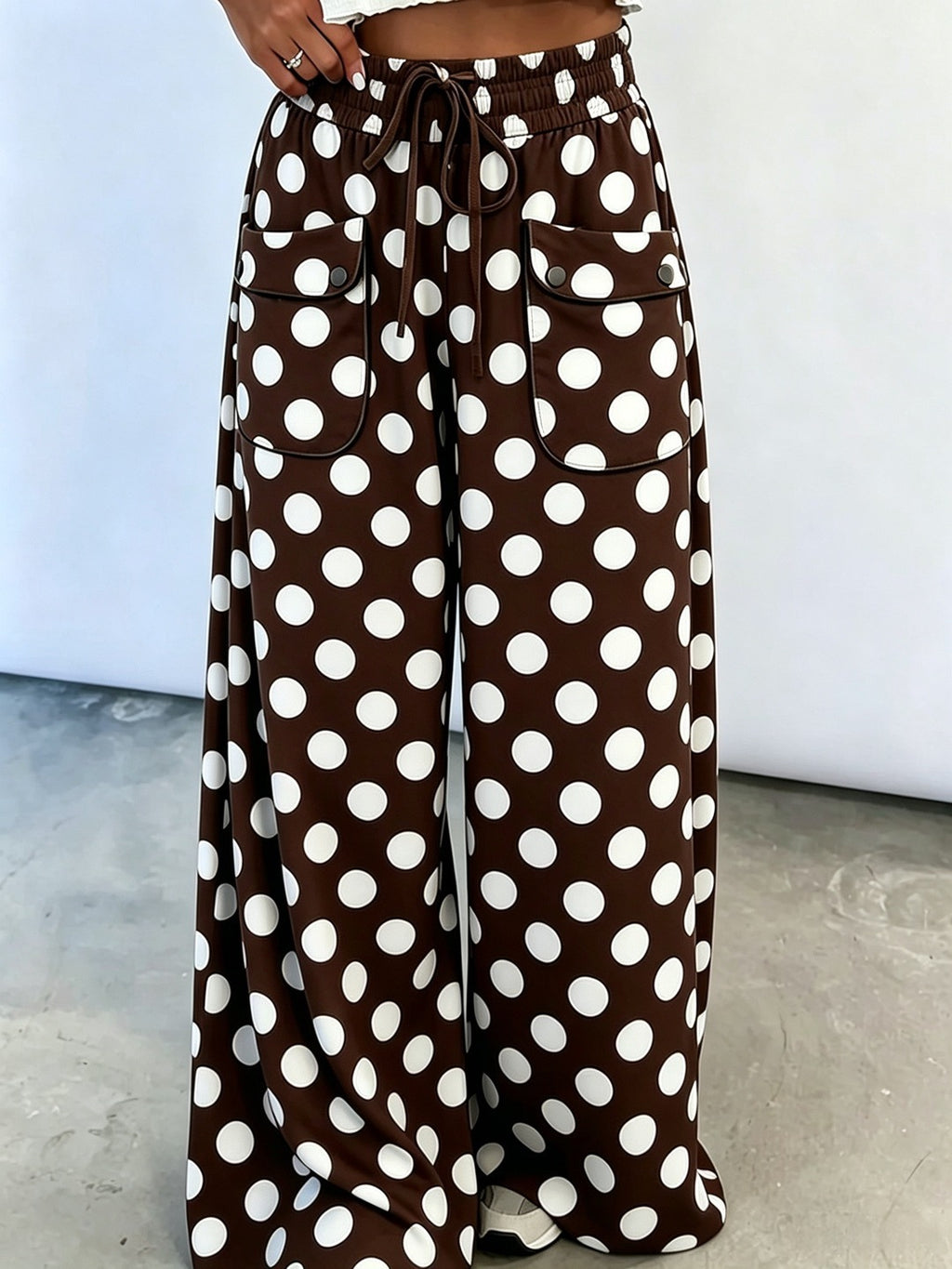 Polka Dot Drawstring Wide Leg Pants with Pockets - Coffee