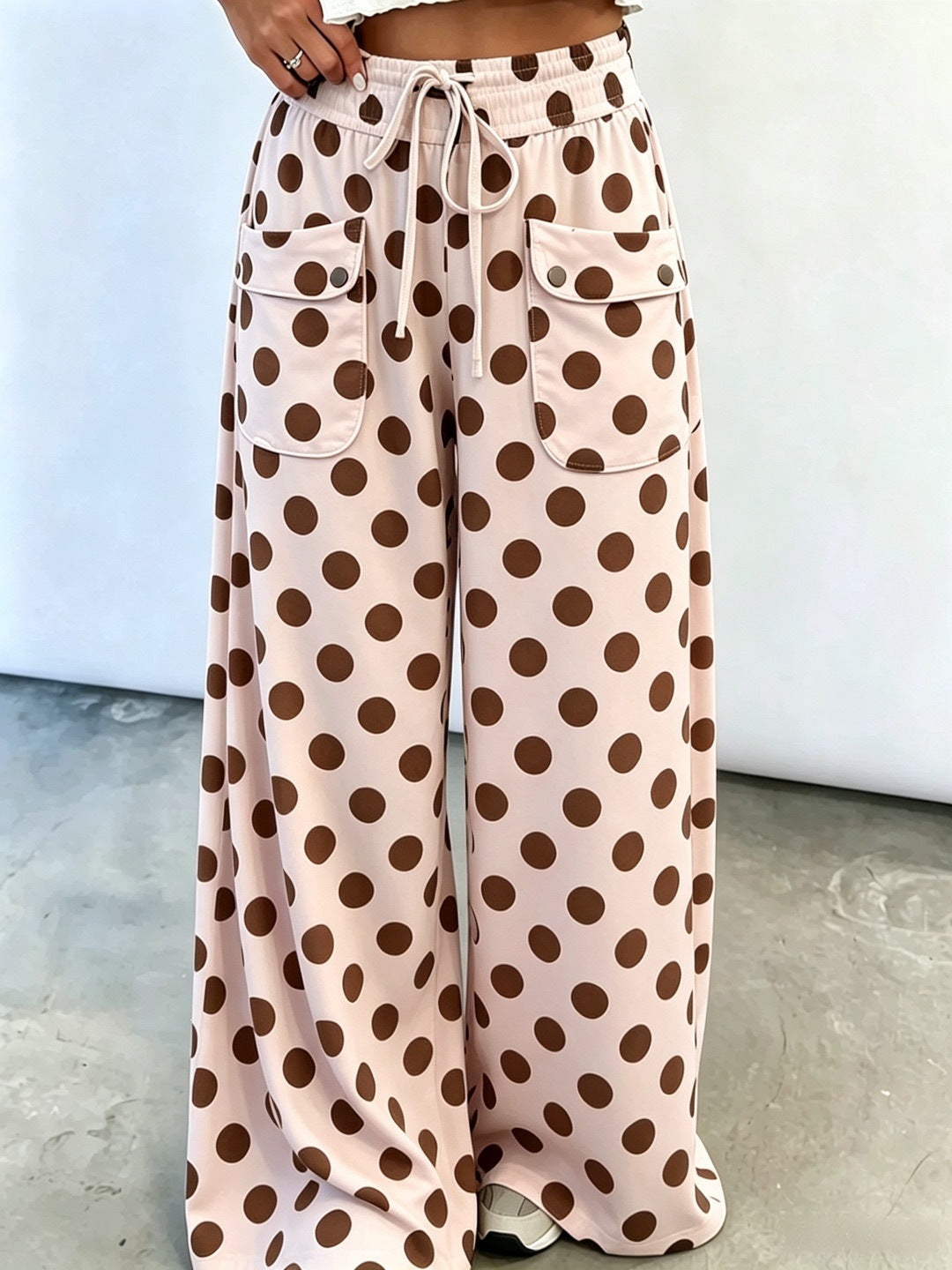 Polka Dot Drawstring Wide Leg Pants with Pockets - Pink
