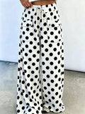 Polka Dot Drawstring Wide Leg Pants with Pockets - White