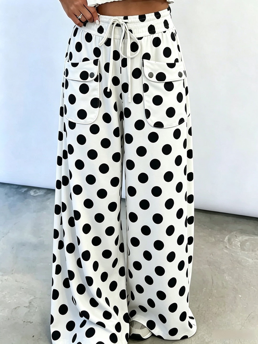 Polka Dot Drawstring Wide Leg Pants with Pockets - White