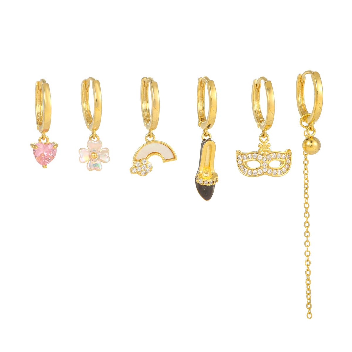 Rainbow Heel And Mask Charm Earring Set - Gold