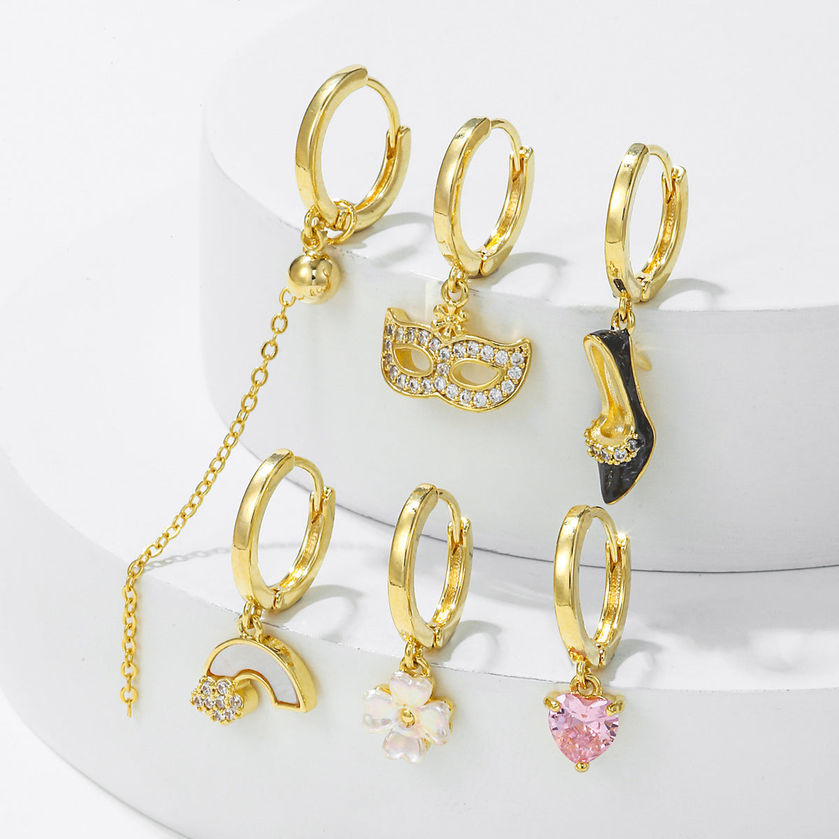 Rainbow Heel And Mask Charm Earring Set - Gold - 1
