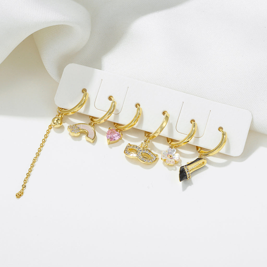 Rainbow Heel And Mask Charm Earring Set - Gold - 4