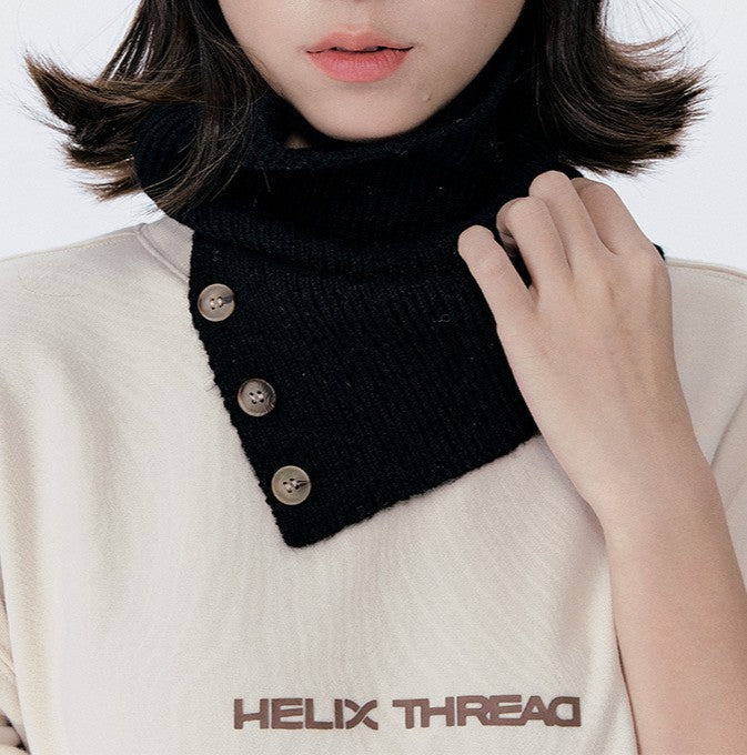 Ribbed Knit Neck Warmer Scarf With Buttons - Black