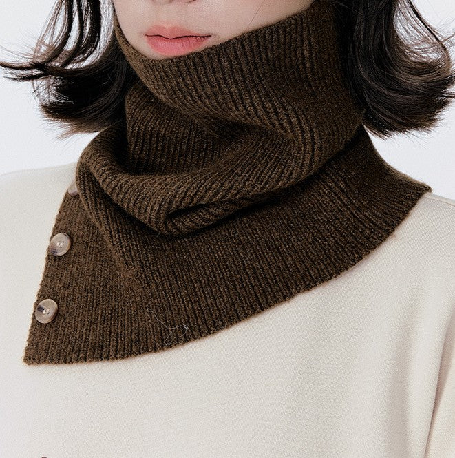 Ribbed Knit Neck Warmer Scarf With Buttons - Coffee