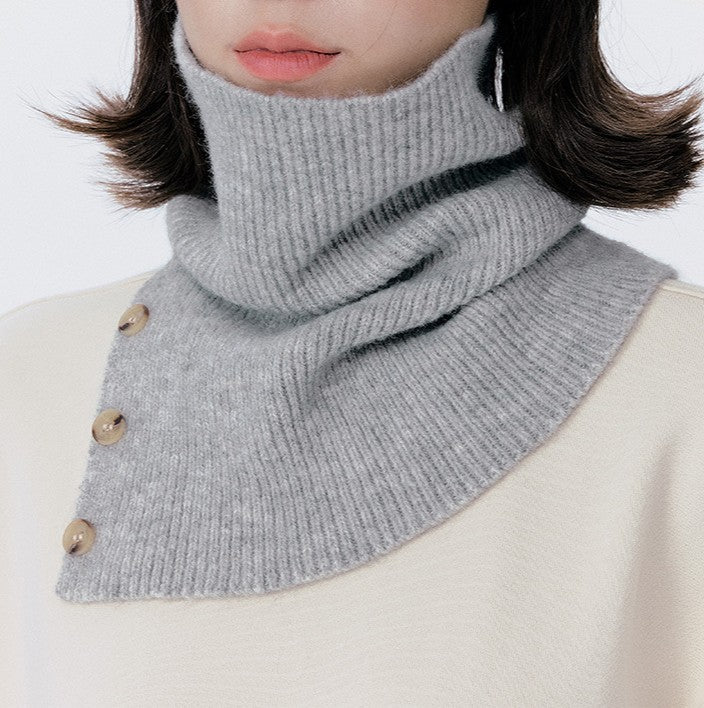 Ribbed Knit Neck Warmer Scarf With Buttons - Grey
