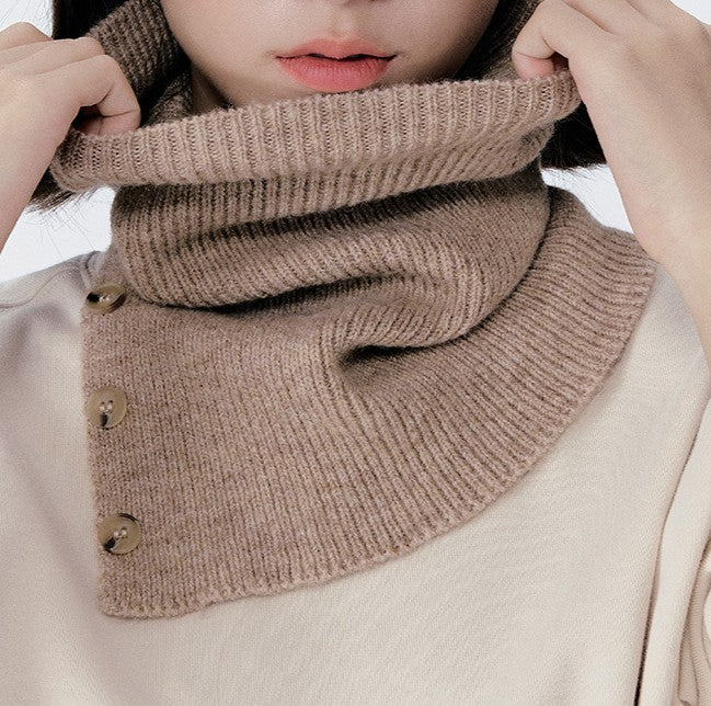 Ribbed Knit Neck Warmer Scarf With Buttons - Khaki