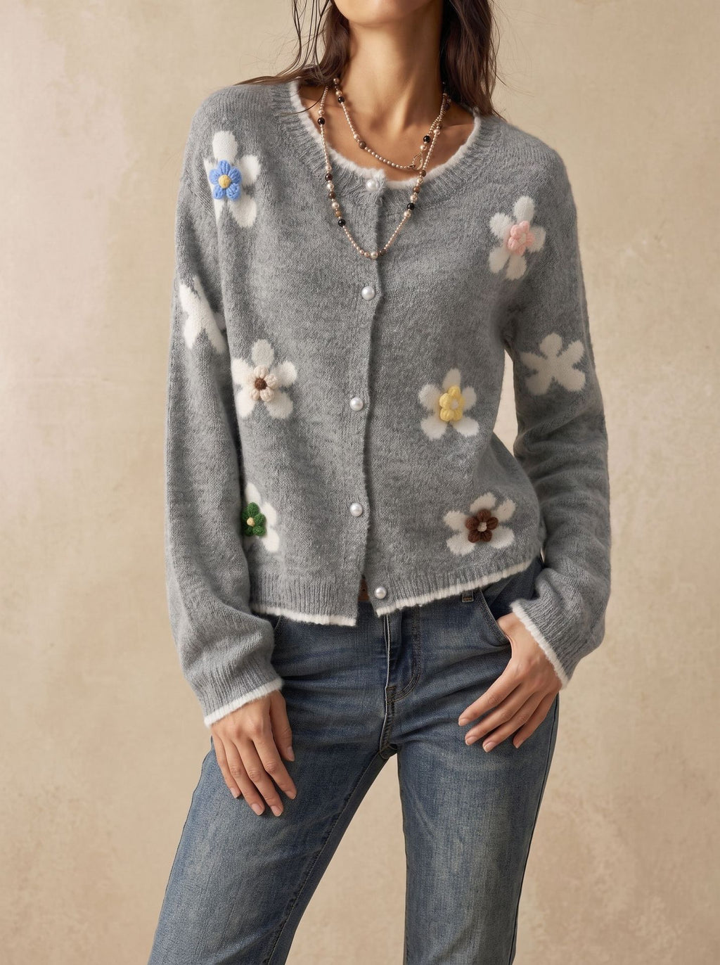 Raised Daisy Applique Brushed Knit Cardigan - Grey