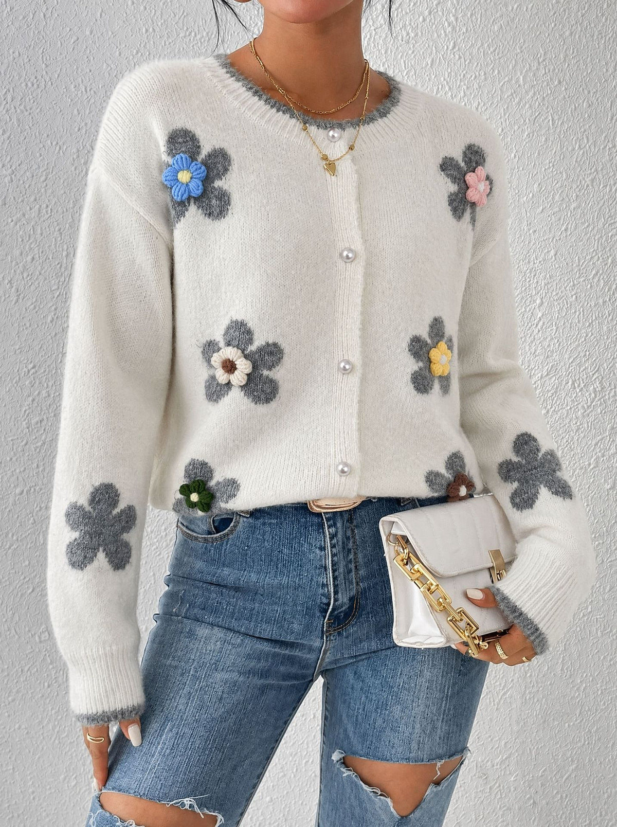 Raised Daisy Applique Brushed Knit Cardigan - White - 1