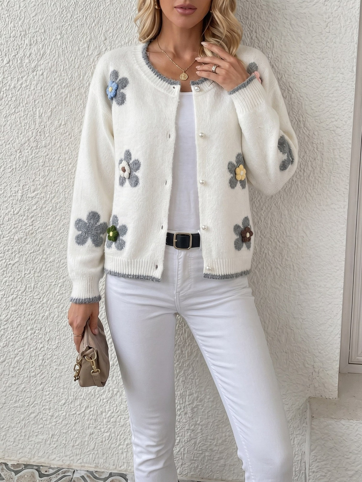 Raised Daisy Applique Brushed Knit Cardigan - White - 3
