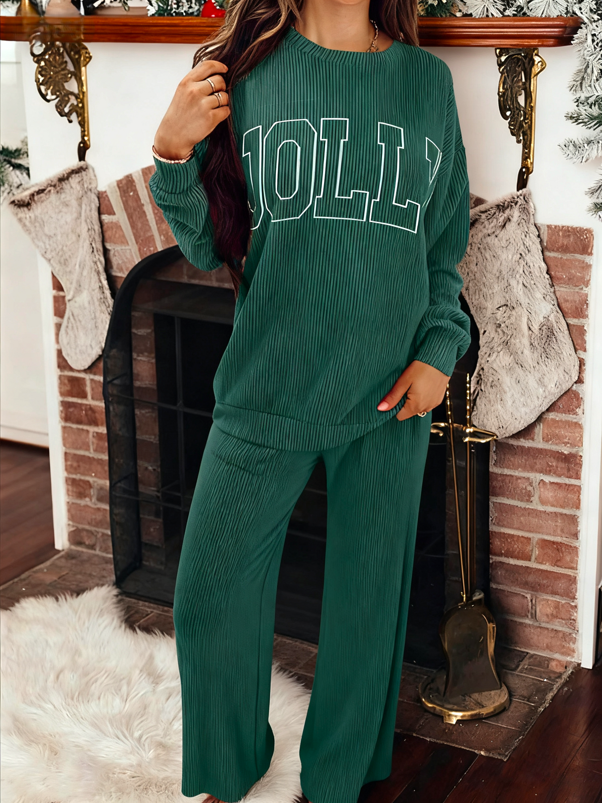 Jolly Graphic Ribbed Top And Pants Set - Green