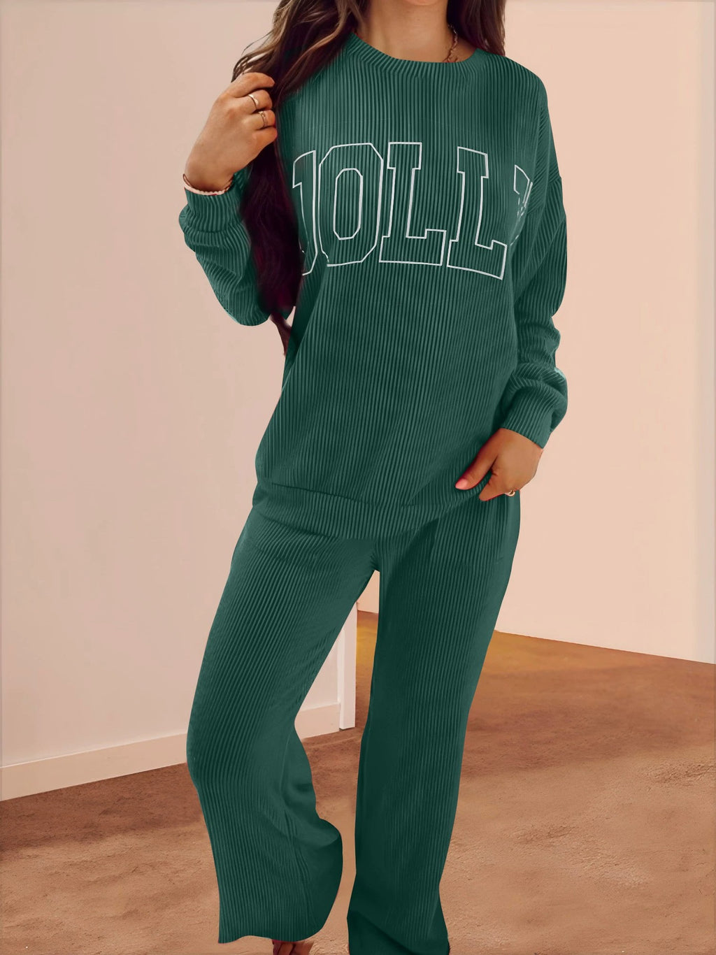 Jolly Graphic Ribbed Top And Pants Set - Green - 1