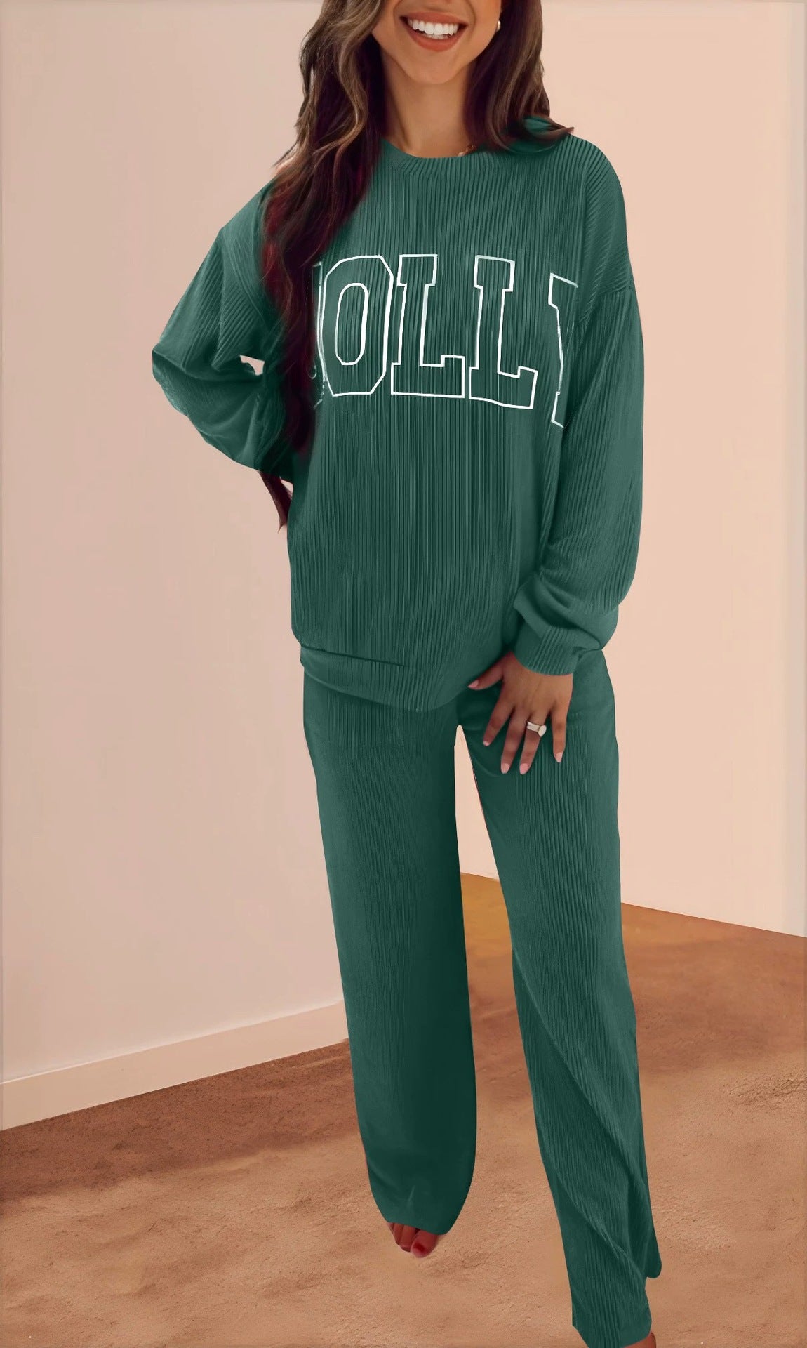 Jolly Graphic Ribbed Top And Pants Set - Green - 2