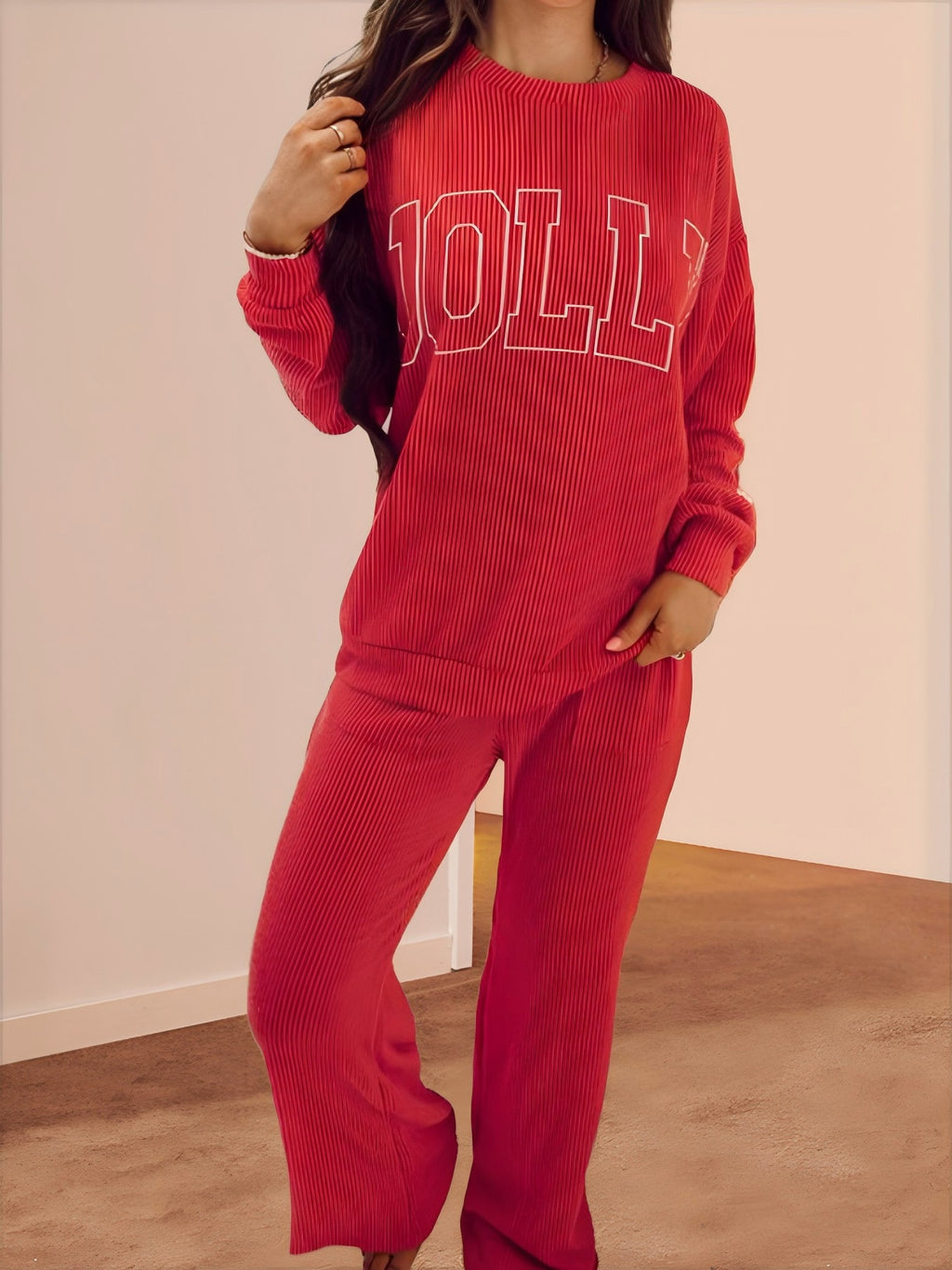 Jolly Graphic Ribbed Top And Pants Set - Red