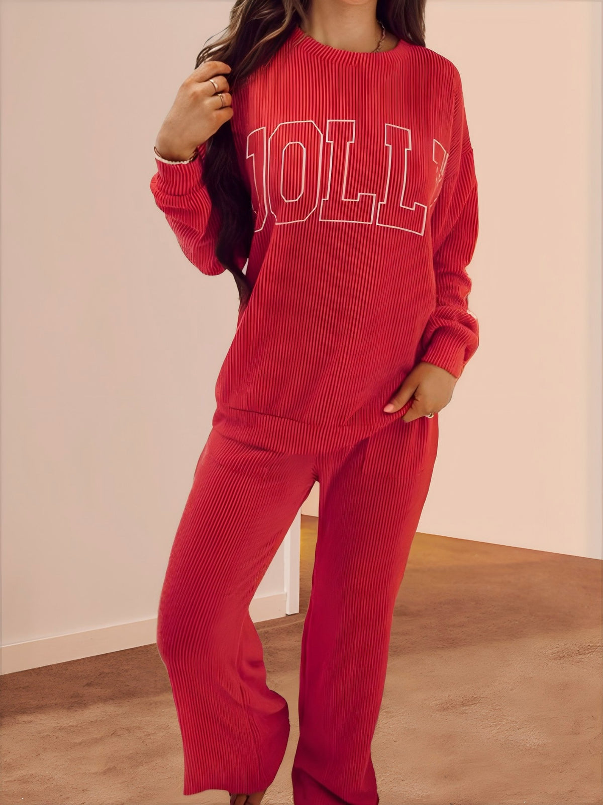 Jolly Graphic Ribbed Top And Pants Set - Red