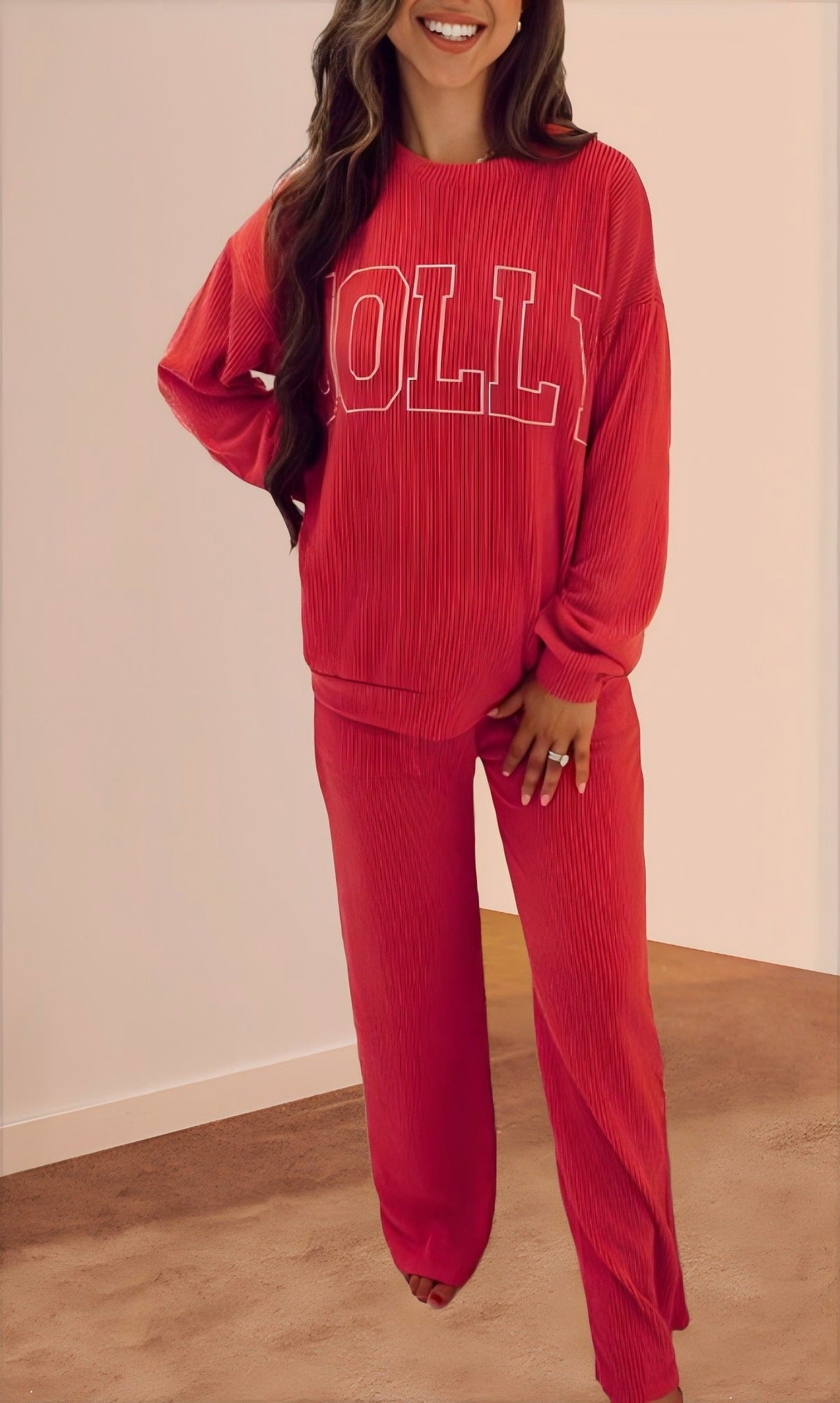 Jolly Graphic Ribbed Top And Pants Set - Red - 1