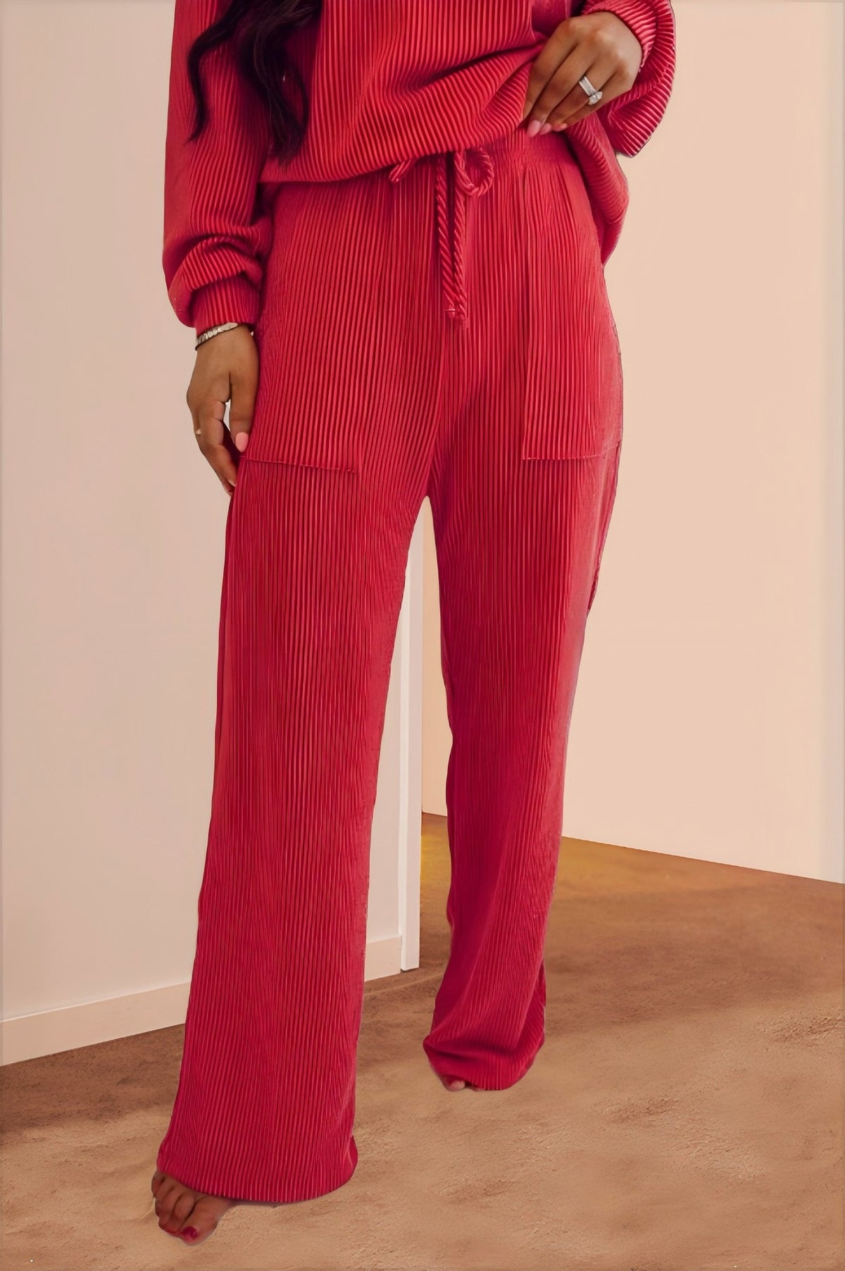 Jolly Graphic Ribbed Top And Pants Set - Red - 2