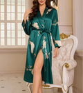 Floral Satin Long Wrap Robe - Green