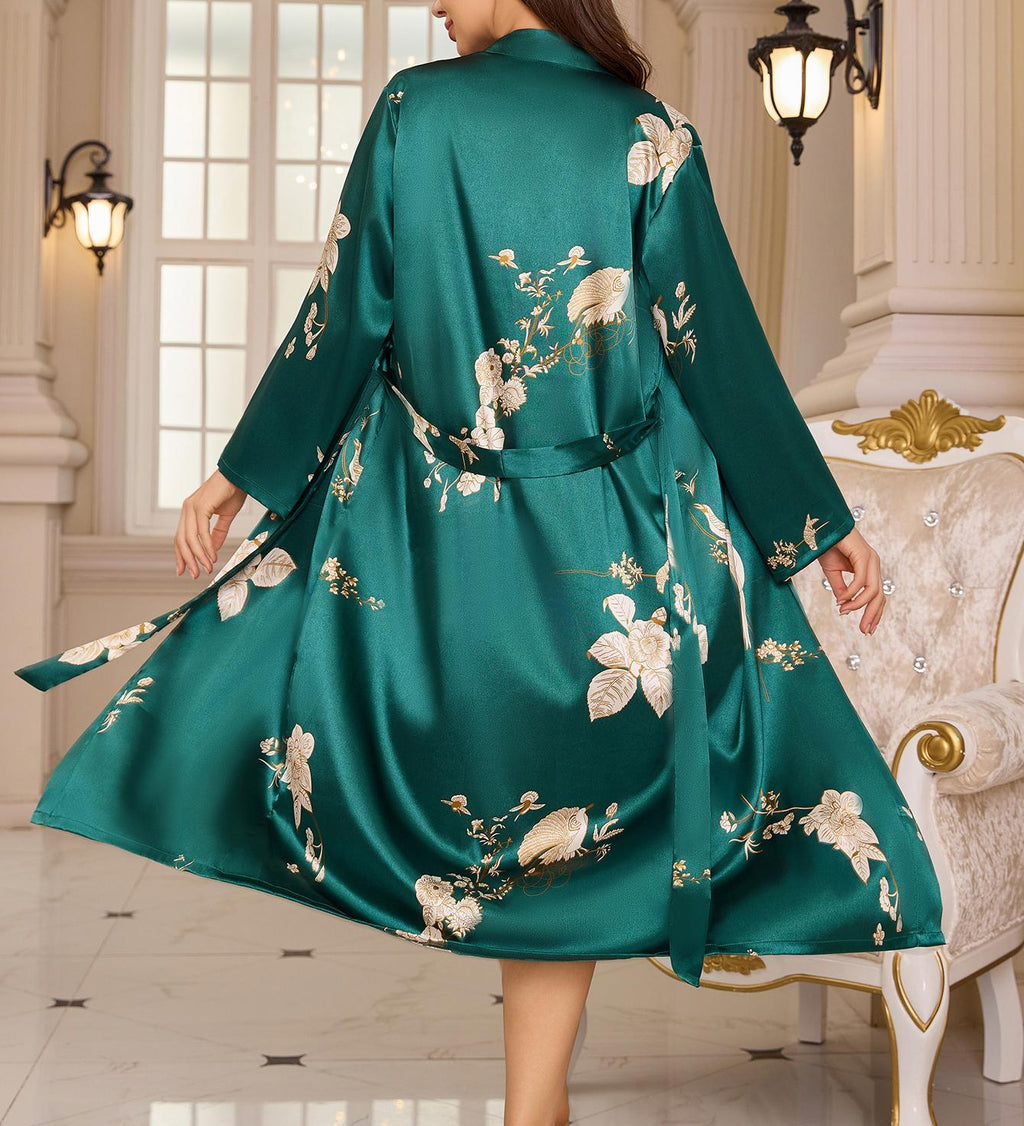 Floral Satin Long Wrap Robe - Green - 2