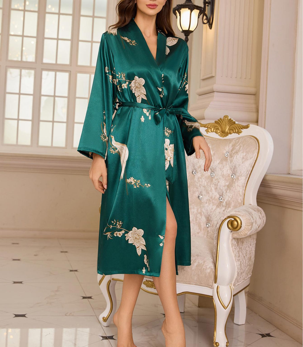 Floral Satin Long Wrap Robe - Green - 4