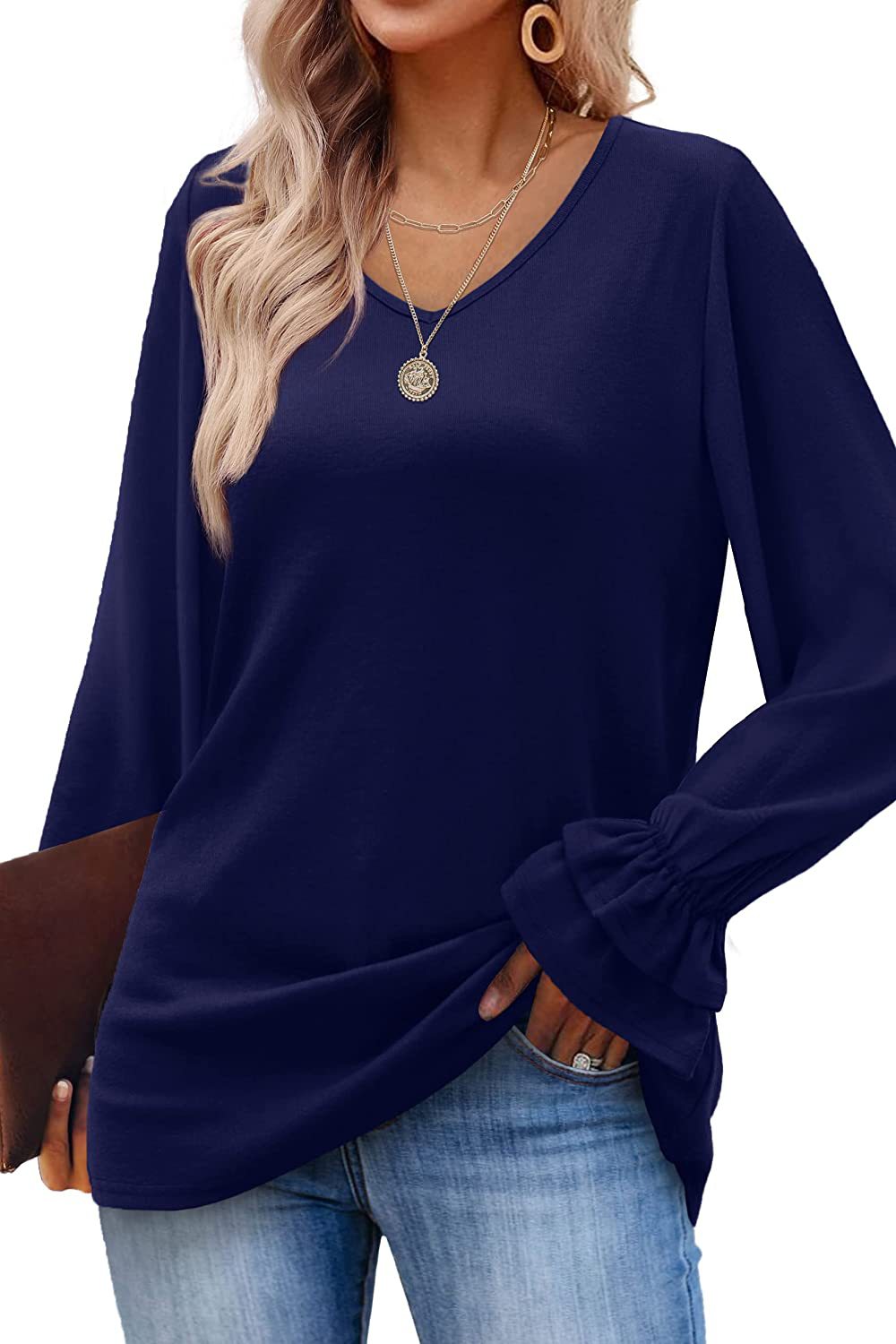 V Neck Bell Sleeve Waffle Knit Tunic - Blue