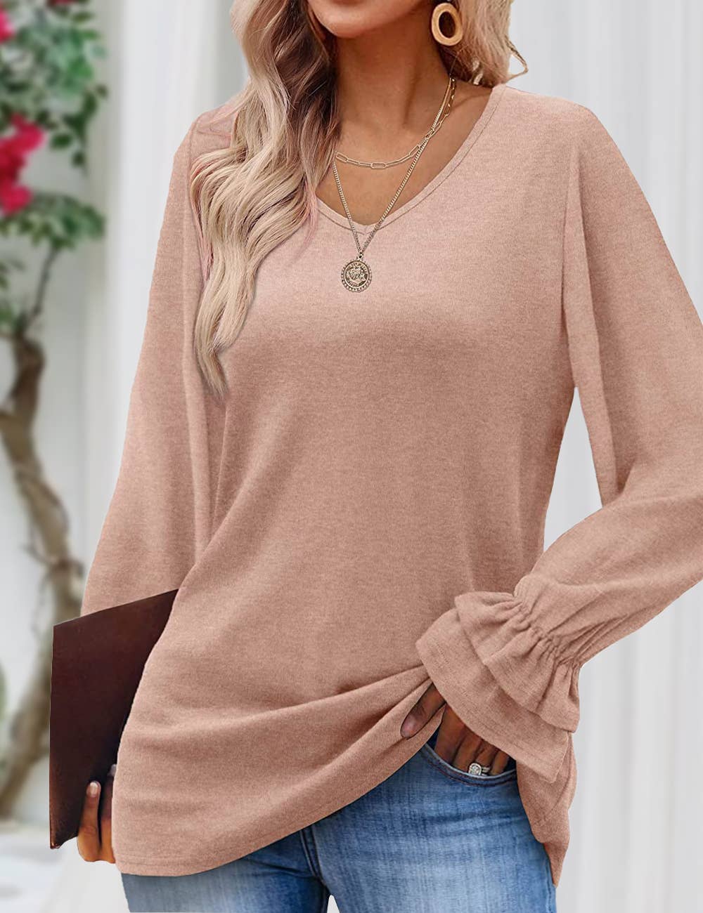 V Neck Bell Sleeve Waffle Knit Tunic