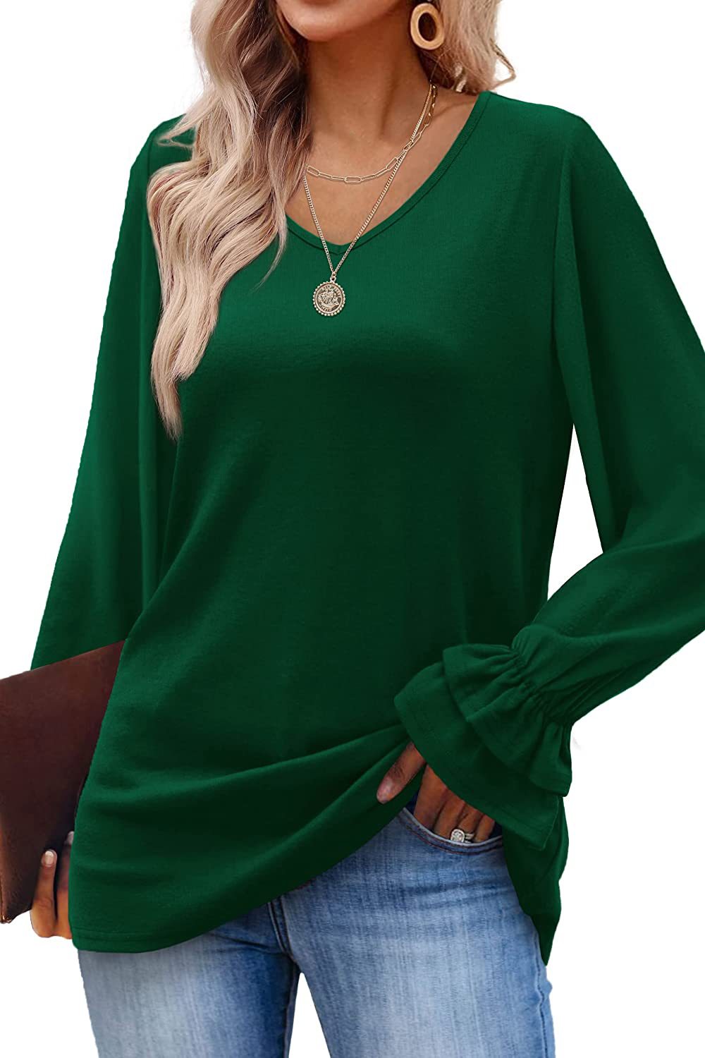 V Neck Bell Sleeve Waffle Knit Tunic - green