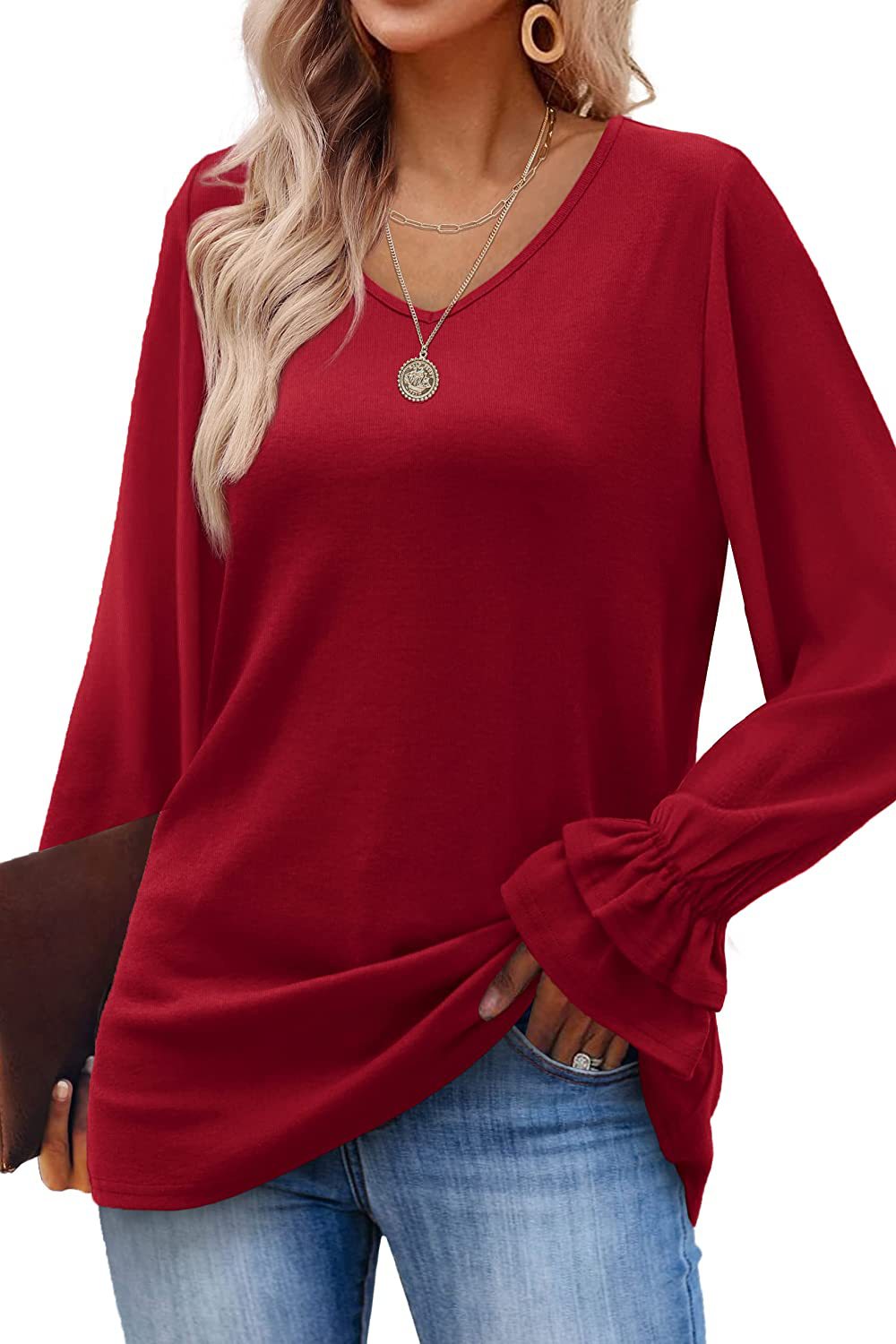 V Neck Bell Sleeve Waffle Knit Tunic - red