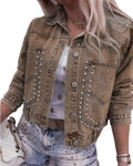 Vintage Wash Crop Denim Jacket With Rivet Trim - Color