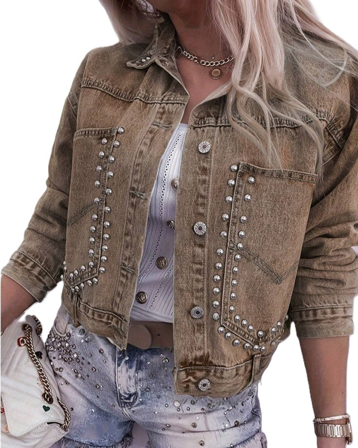 Vintage Wash Crop Denim Jacket With Rivet Trim - Color