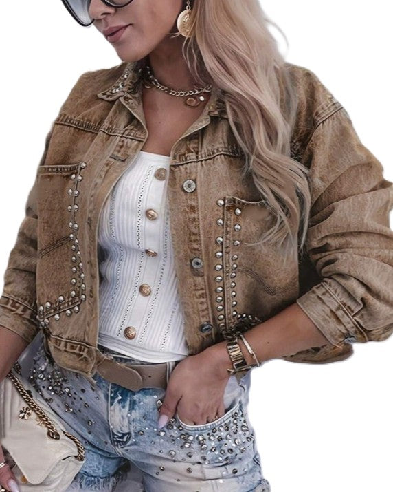 Vintage Wash Crop Denim Jacket With Rivet Trim - Color - 1