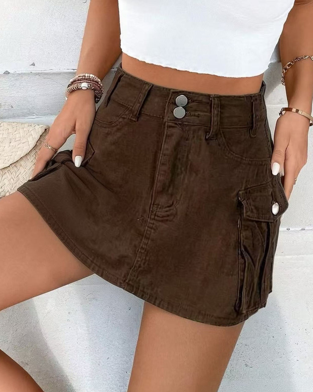 Utility Cargo Pocket High Rise Mini Skirt - Dark-Brown