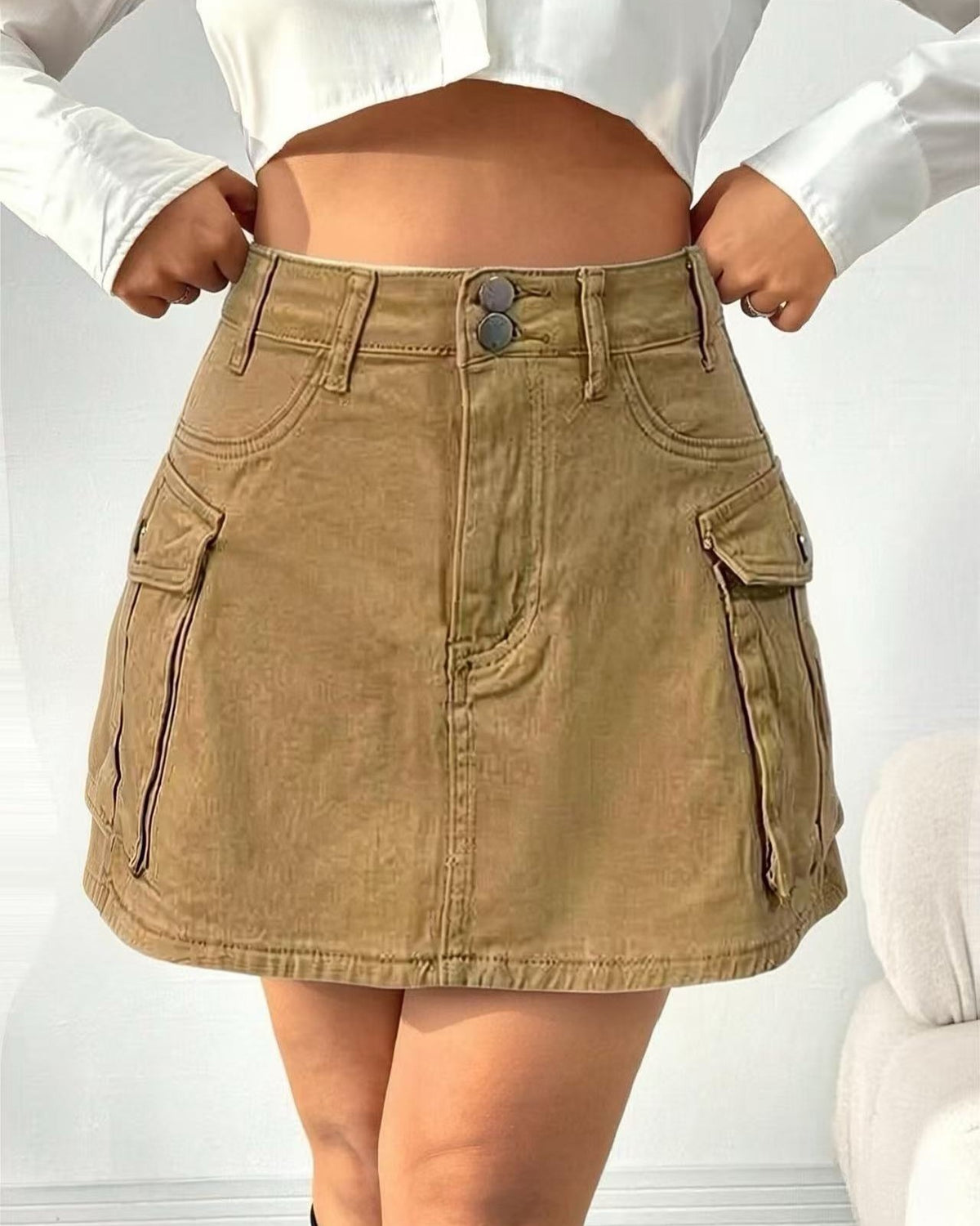 Utility Cargo Pocket High Rise Mini Skirt - Khaki