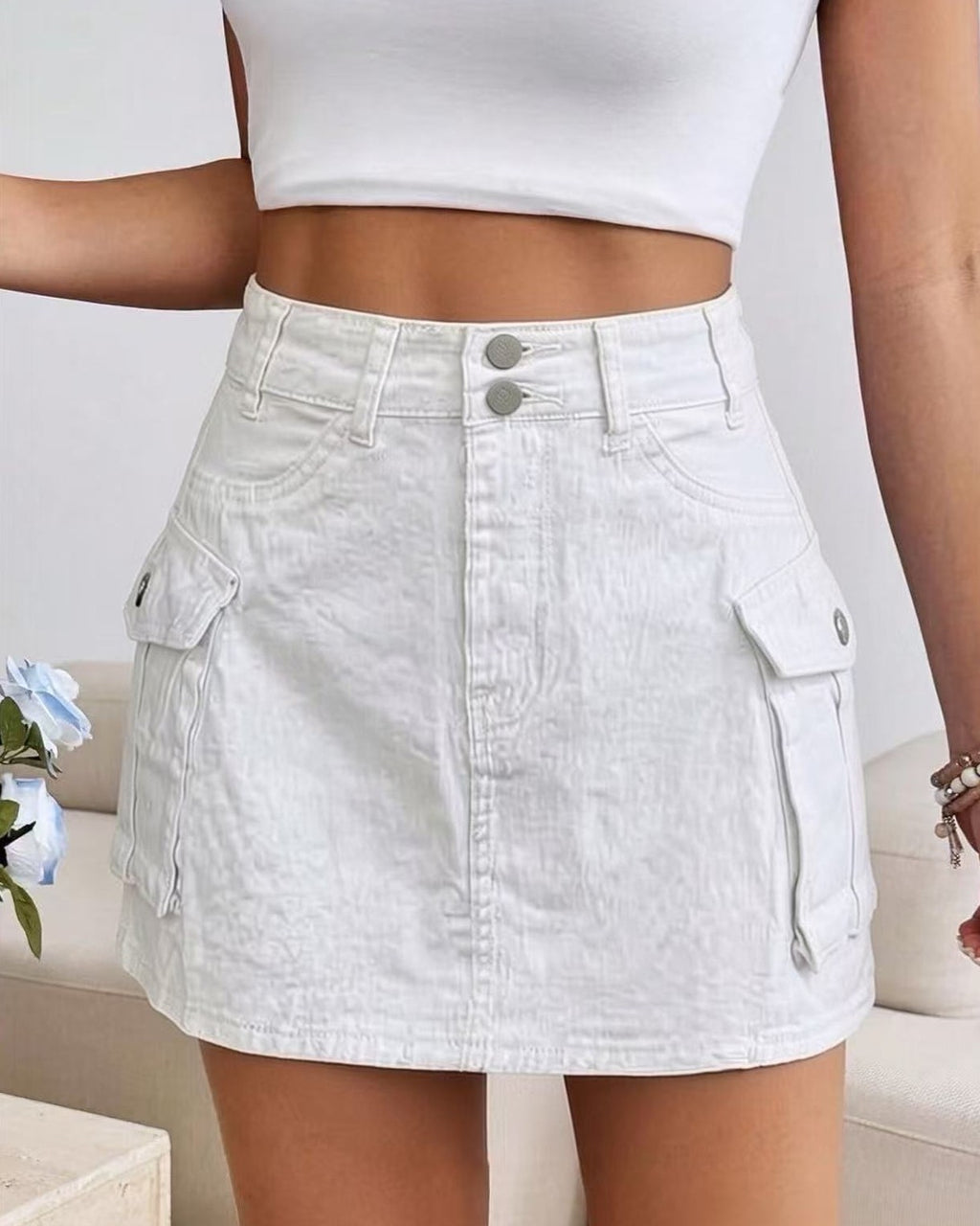 Utility Cargo Pocket High Rise Mini Skirt - White